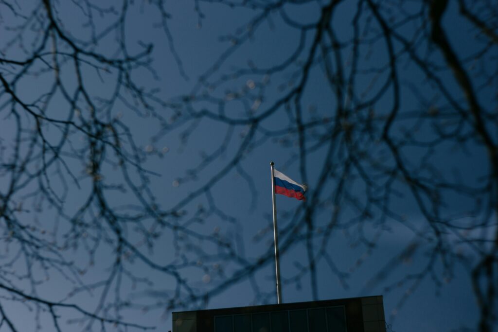 pexels-photo-9811488-9811488 Russian flag on a flagpole silhouetted against a clear blue sky with tree branches framing the scene.